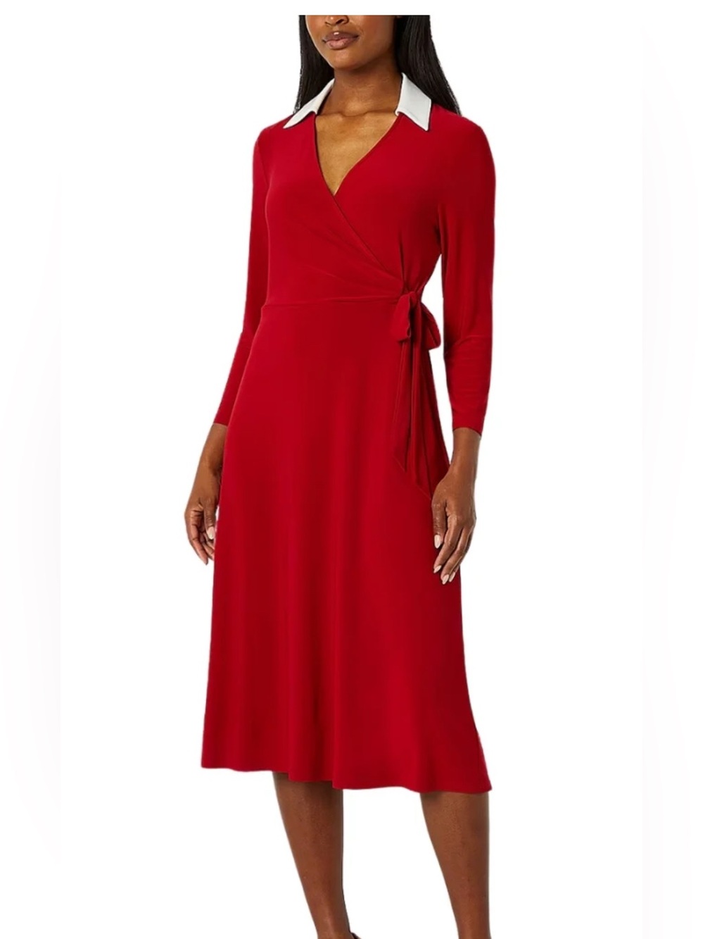 Nwt Evan Pic one Women’s 3/4 Sleeve Red Midi Wrap Dress White Collar Size 20w